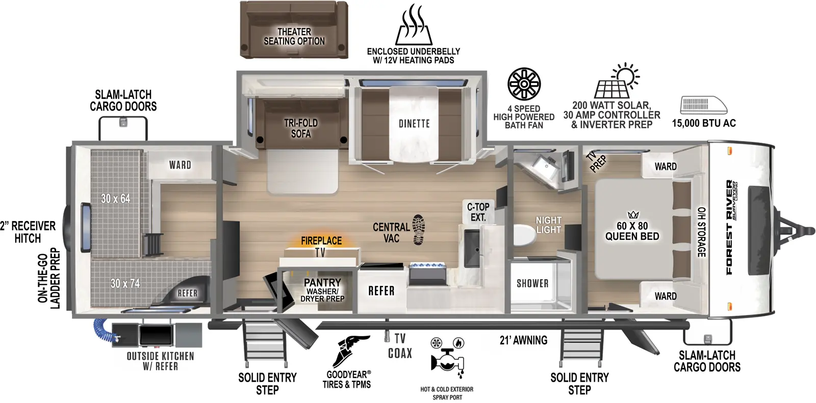 The Surveyor Legend 296QBLE has two entries and one slide out. Exterior features include: fiberglass exterior, 21' awning and outside kitchen. Interiors features include: bunk beds, front bedroom and pass through bathroom.